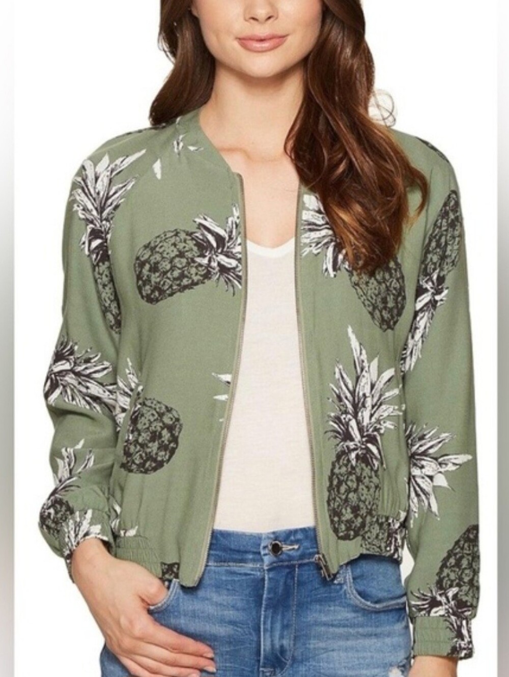 BB Dakota Pineapple Print Bomber Jacket Large Sage Green Tropical Zip Front